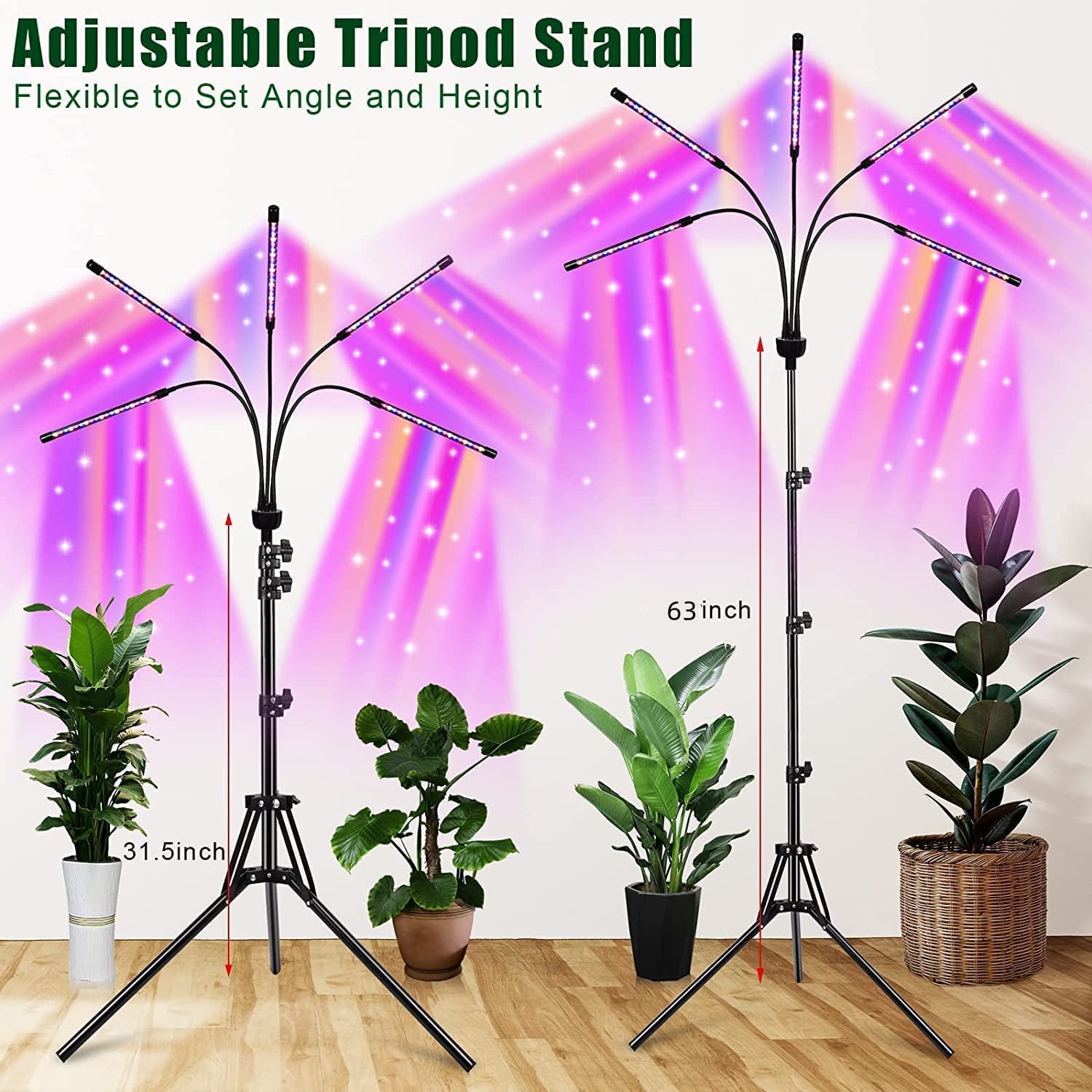 Grow Lights for Indoor Plants,5 Heads Red Blue White Full Spectrum Plant Light with 15-60" Adjustable Tripod Stand, Indoor Grow Lamp with Remote Control and Auto On/Off Timer Function