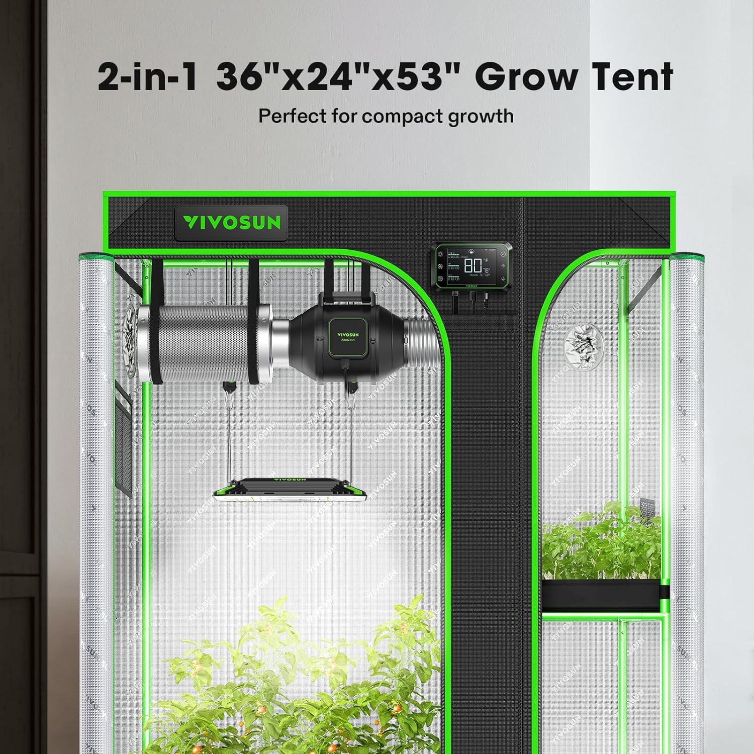 D325 2-In-1 3X2 Grow Tent, 36"X24"X53" High Reflective Mylar with Multi-Chamber and Floor Tray for Hydroponic Indoor Plant