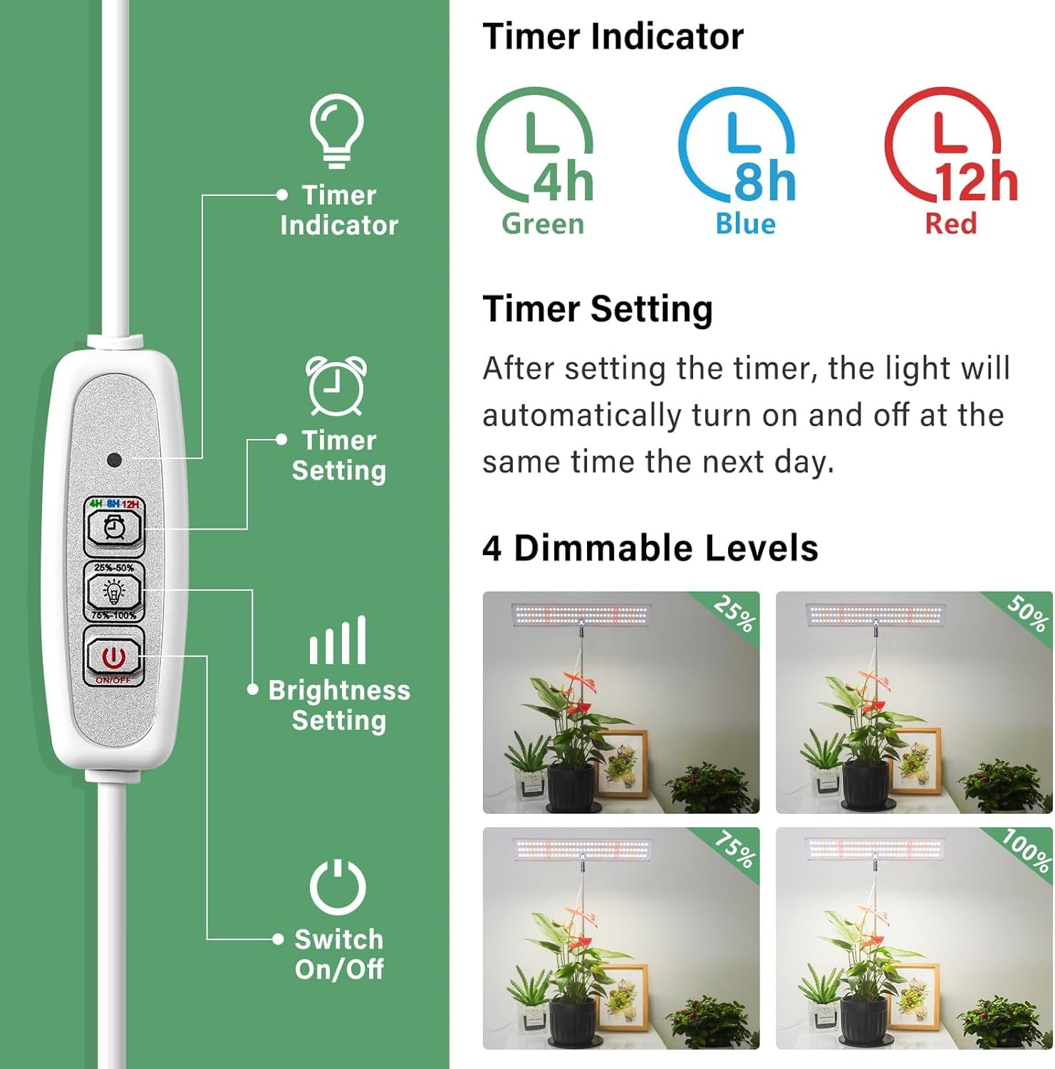 Grow Light, Full Spectrum LED Plant Light for Indoor Plants, Height Adjustable Growing Lamp with Auto On/Off Timer 4H/8H/12H, 4 Dimmable Brightness, Ideal for Home Desk Plant Lighting