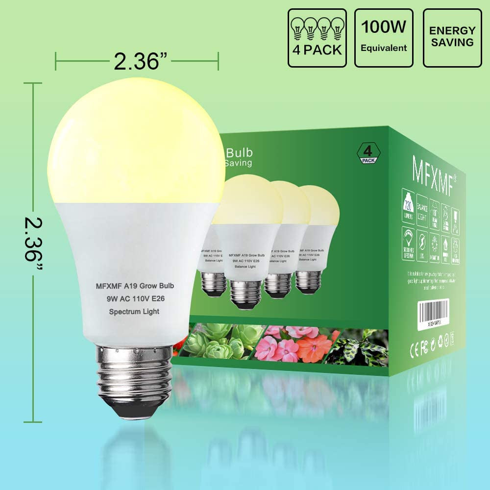 4 Pack LED Grow Light Bulb A19 Bulb, Full Spectrum Plant Light Bulb, 9W E26 Grow Bulb Replace up to 80W, Grow Light for Indoor Plants, Flowers, Greenhouse, Indore Garden, Hydroponic