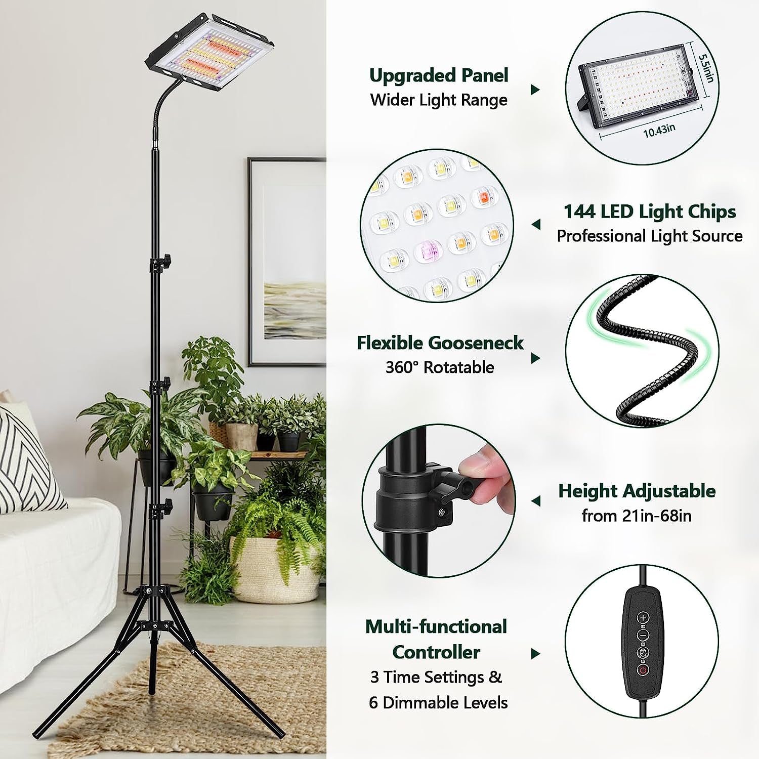 Grow Lights for Indoor Plants, 144 Leds Full Spectrum Standing Plant Grow Light with 4/8/12H Timer, 6 Dimmable Levels,68" Adjustable Tripod, Floor Grow Lamp for Tall Large Indoor Plants Growing
