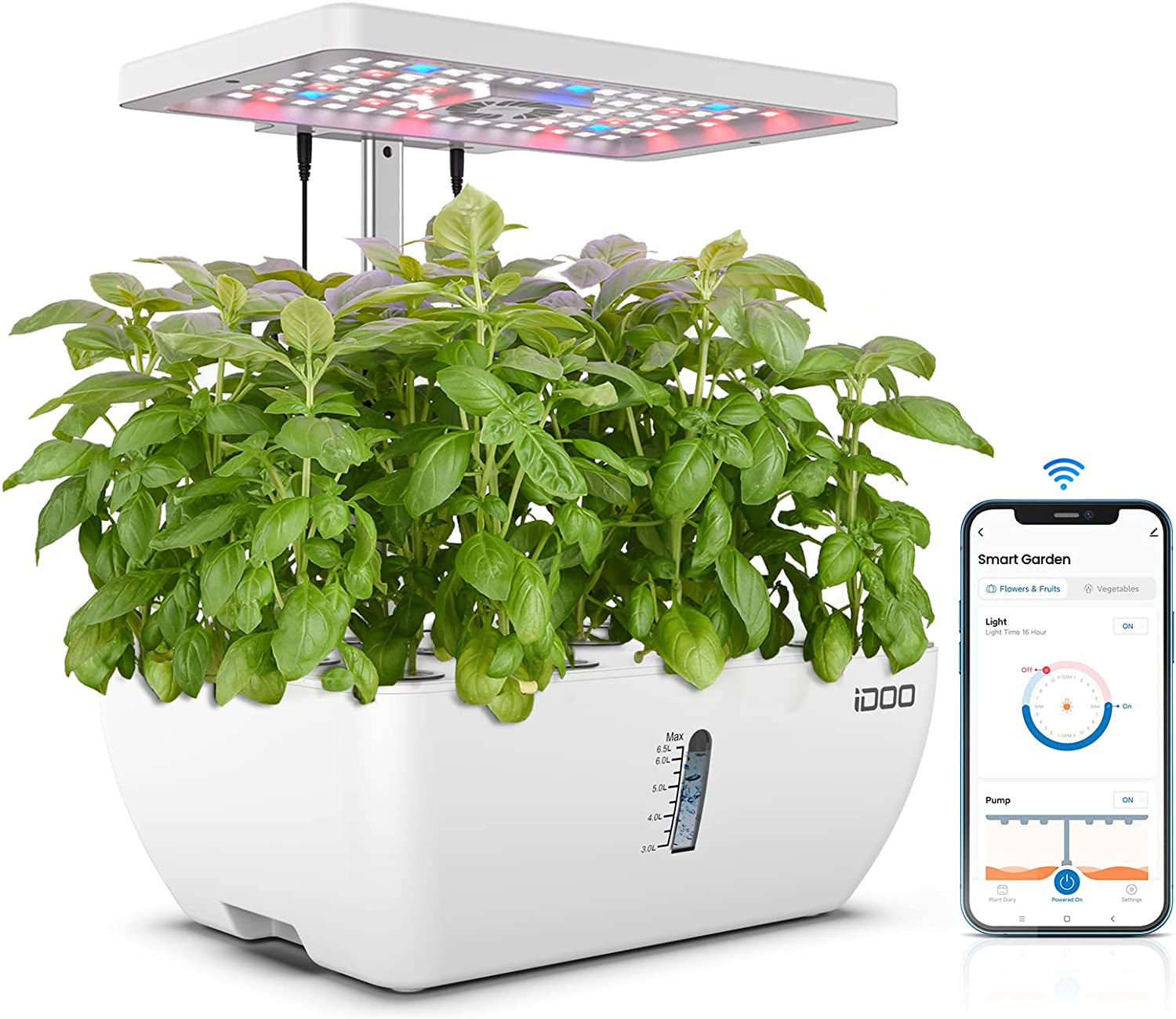 Wifi 12 Pods Hydroponic Growing System with 6.5L Water Tank, Smart Hydro Indoor Herb Garden up to 14.5", Plants Germination Kit with Pump System, Fan, Grow Light for Home Kitchen Gardening, White