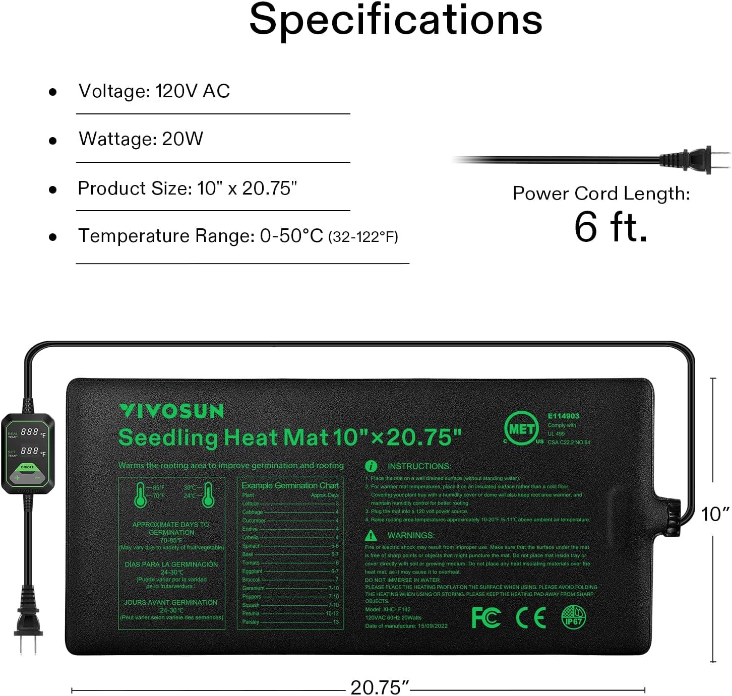 10"X20.75" Seedling Heat Mat with Built-In Temperature Controller, UL & Met-Certified Waterproof Plant Heating Pad for Germination, Hydroponics, Brewing, Breeding, and Greenhouses