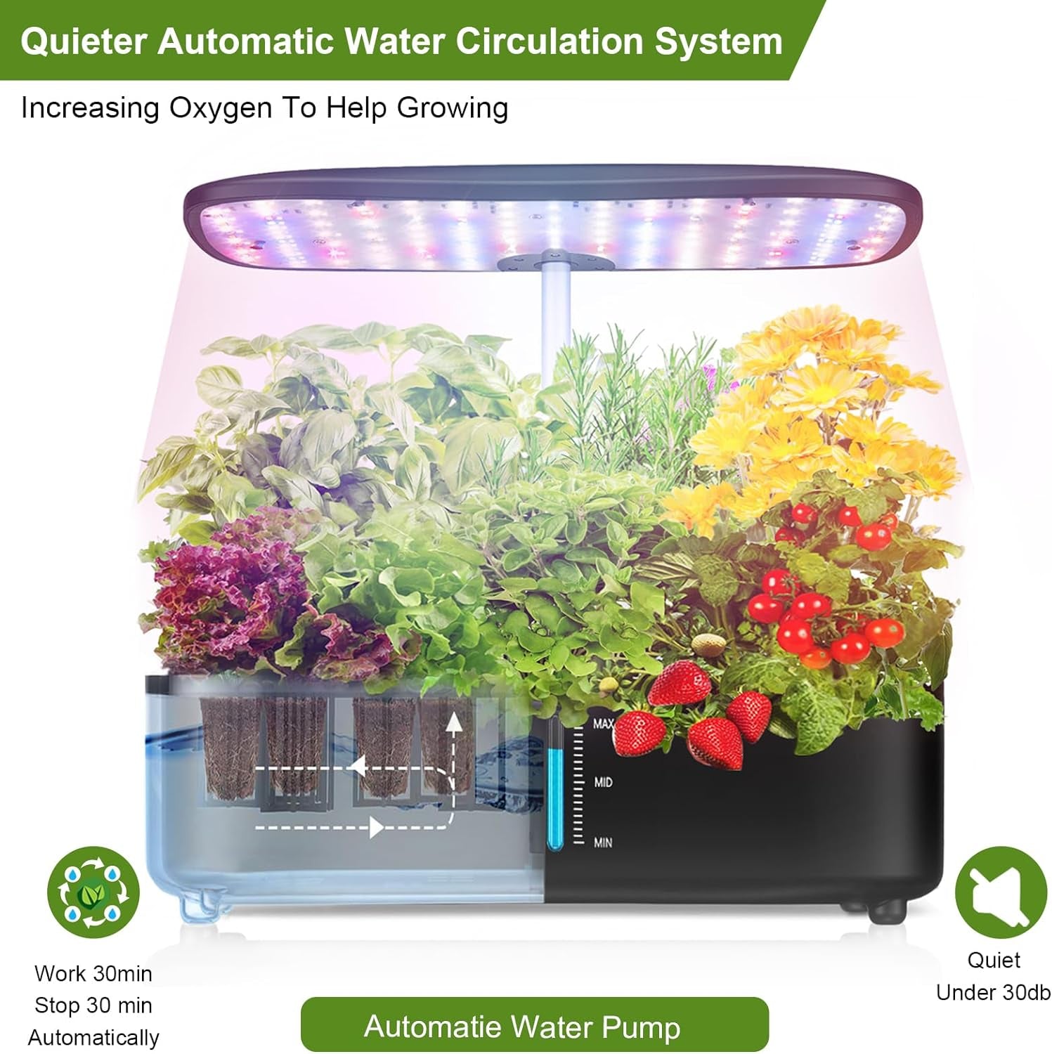 12-Pod Hydroponic Indoor Garden System with LED Grow Lights, Height Adjustable Planters, and Auto Timer for Herbs and Plants